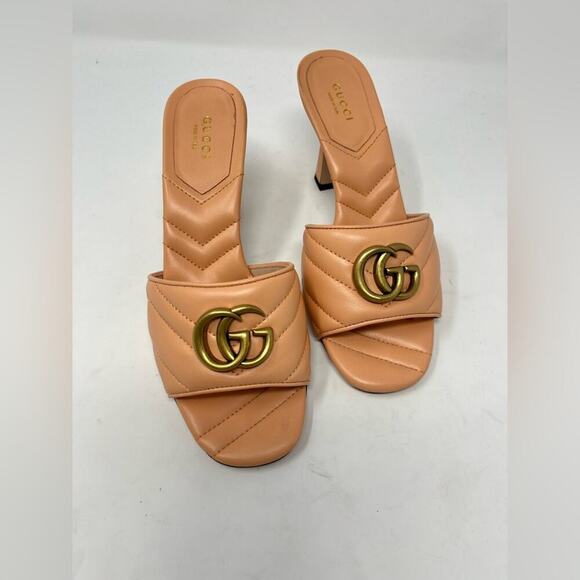 Gucci GG Marmont Quilted Peach Leather Heel Mules Sandal size 37 EU 7 US - Picture 2 of 7